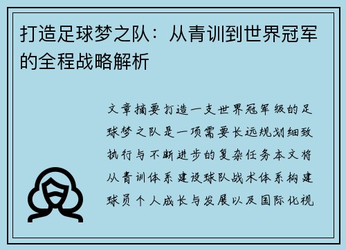 打造足球梦之队：从青训到世界冠军的全程战略解析