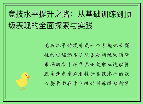 竞技水平提升之路：从基础训练到顶级表现的全面探索与实践